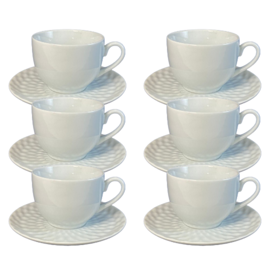 00feee068321dcd69bdfb9b1aa587c9f.png Kit Xícara de Chá com Pires Plissan Porcelana Branca – 6 Peças - Imagem 1