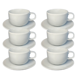 Kit Xícara de Chá com Pires Convexa Porcelana Branca – 6 Peças