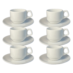 Kit Xícara de Café com Pires Empilhável Porcelana Branca – 6 Peças