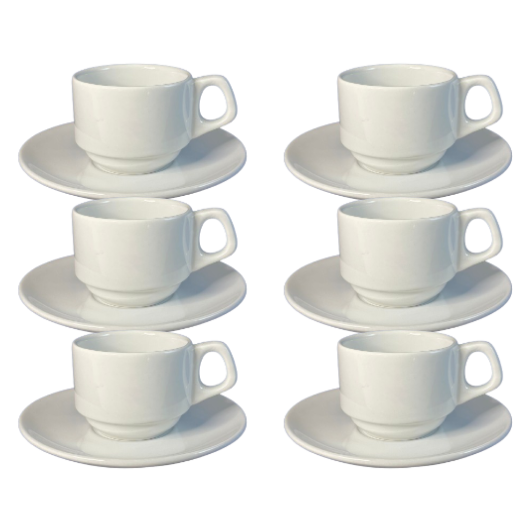 92067fbd2f2fa275137a6ce0c1519200.png Kit Xícara de Café com Pires Empilhável Porcelana Branca – 6 Peças - Imagem 1