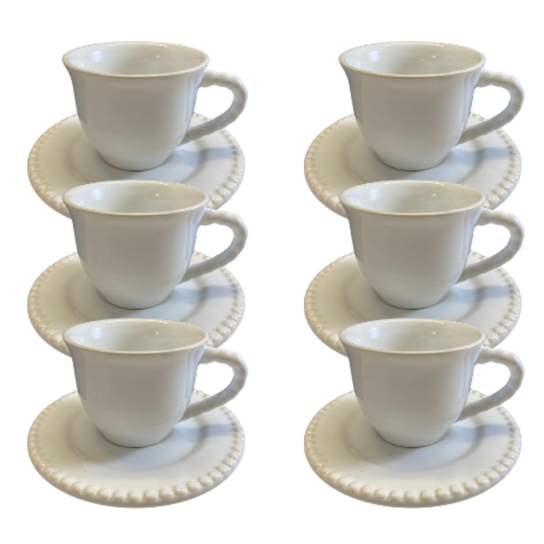 2af9b7c5ab81ef48d891e333685e7c50.png Kit Xícara de Chá com Pires Bolinha Cerâmica Branca – 6 Peças - Imagem 1