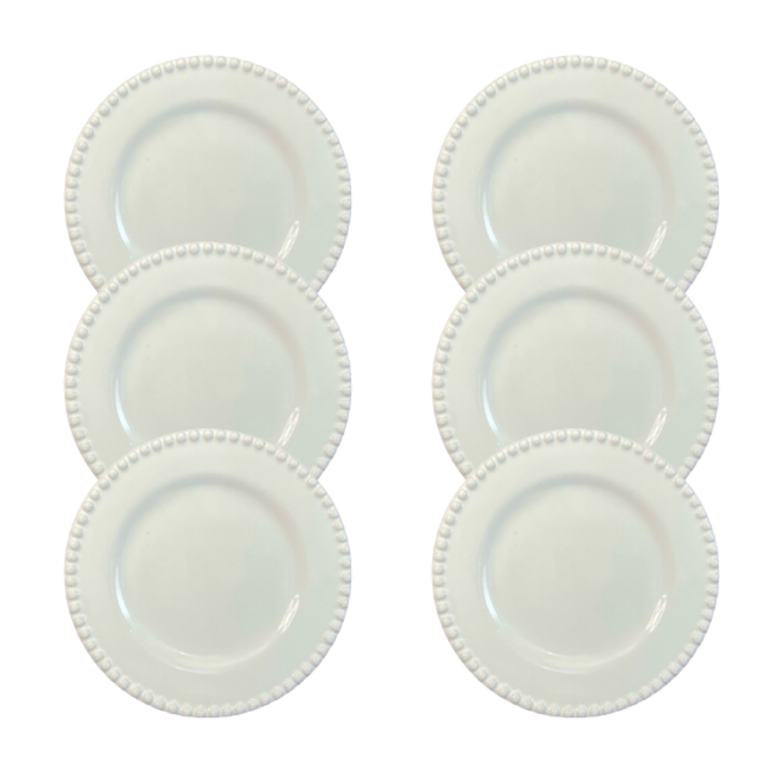 7281b149bdcb3f3581b5f48613cf26ac.png Kit Prato Raso Bolinha Cerâmica Branca - 6 Peças - Imagem 1