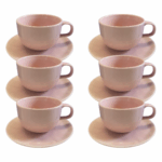 Kit Xícara de Café com Pires Orgânico Porcelana Rosa – 6 Peças