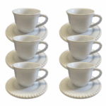 Kit Xícara de Café com Pires Bolinha Cerâmica Branca – 6 Peças