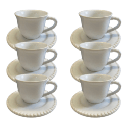 Kit Xícara de Café com Pires Bolinha Cerâmica Branca – 6 Peças