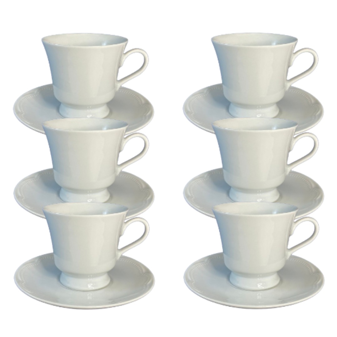 9a2f1087f56e38285dbed3c2017453d4.jpeg Kit Xícara de Chá com Pires Cottage Porcelana Branca – 6 Peças - Imagem 1